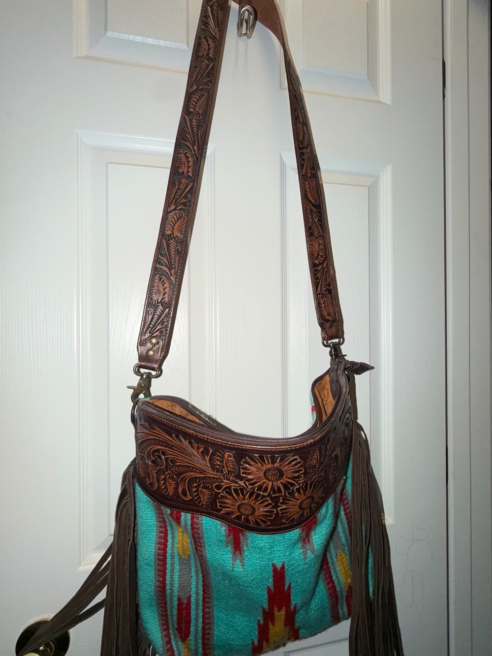 American Darling Turquoise and Brown Southwestern Fringe Shoulder Bag
